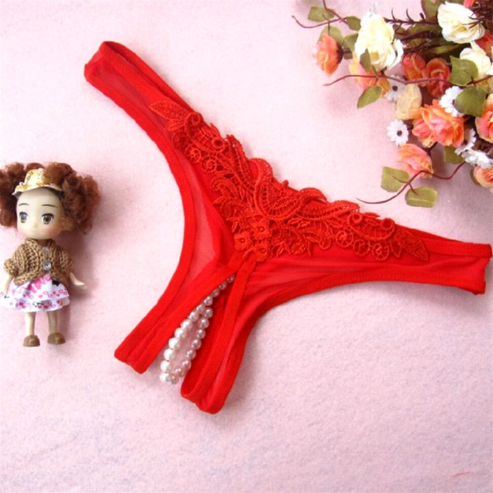 Crotch Open G String Thong Lingerie Women Crotchless Panties Bowknot Pearls Lace Underwear Home Wear