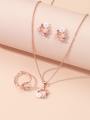4 Pieces Rose Gold-color Lady Flower Fashion Accessories Zircon Simple Ornate Exquisite Necklace Ring Earrings Jewelry Set. 