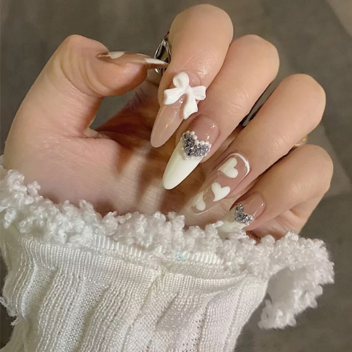 24pcs%20French%20False%20Nails%20with%20Black%20Bowknot%20Design%20Korean%20Style%20Girl%20Women%20Manicure%20Set%20Press%20on%20Nail%20Sweet%20Nail%20Patches%20-%20Image%203