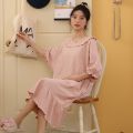 100% Pure Cotton Nightdress Women's Summer Short Sleeve Japanese Sweet Princess Style Pajamas Summer Overknee Long Girl Night Dress.