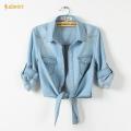 Girls Slim Top New Summer Women Casual Cropped sleeves Shirt Female Denim Shirts women's Fashion Short Blouse XZ120. 