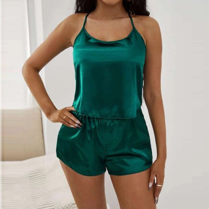 Womens%20Summer%20Sleepwear%20Lingerie%20Satin%20Cami%20Top%20And%20Shorts%20Set%20Nightwear%20Pajamas%20Set%20Lace%20Backless%20Sleeveless%20Nightwear%20Pyjamas%20-%20Image%204