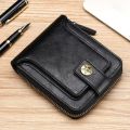 Men's small classic genuine leather wallet men's short wallet with buckle and zipper solid port ville clutch for men. 