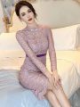 Exquisite Elegant Qipao Dress Women Celebrity Sheer Lace Pearl Flower Cheongsam Robe Lady Evening Party Date Prom Vestidos Mujer.