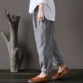 Oversize Women Striped Pants Elastic Waist Cotton Linen Pantalon Loose Long Harem Trousers Casual Baggy Streetwear.