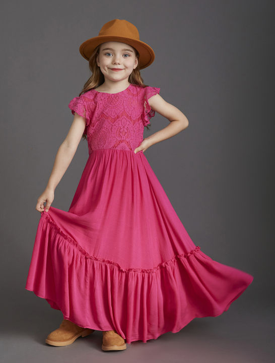 GC%20Girls%20Short%20Sleeve%20Lace%20Applique%20Dresses%20Casual%20Zipper%20Solid%20Color%20Long%20Skirts%20Summer%20Maxi%20Dress%20For%20Ceremony%20-%20Image%208