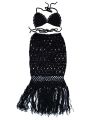 Women Crochet Bikini Top With Dress Tassel Beach Wear Cover Up Handmade Black Cotton Adjustable Lace String Luxury Dresses.