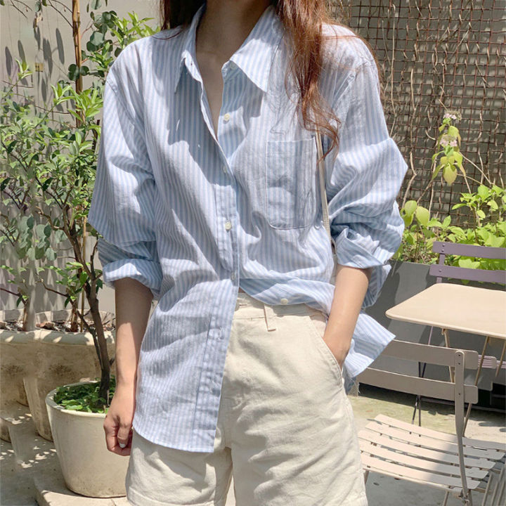 Light Blue Shirt for Women 2024 Spring and Autumn Long Sleeve Versatile New Korean Style Loose Casual Vertical Stripe Shirt Women's Outer Wear