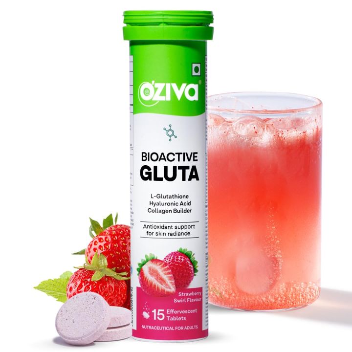OZiva Bioactive Glutathione Tablets for Radiant Skin - 15 Effervescent Tablets (Pack of 1) | L-Glutathione, Lycopene, Vitamin C For Skin Glow & Anti-Pigmentation | Strawberry Swirl