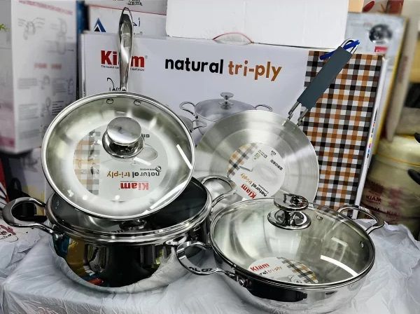 KIAM NATURAL TRI-PLY STAINLESS STEEL COOKWARE 7-PIECE SET- KARAI 26 CM, CASSEROL 26 CM, RUTI TAWA 26 CM, FRY PAN 24 CM