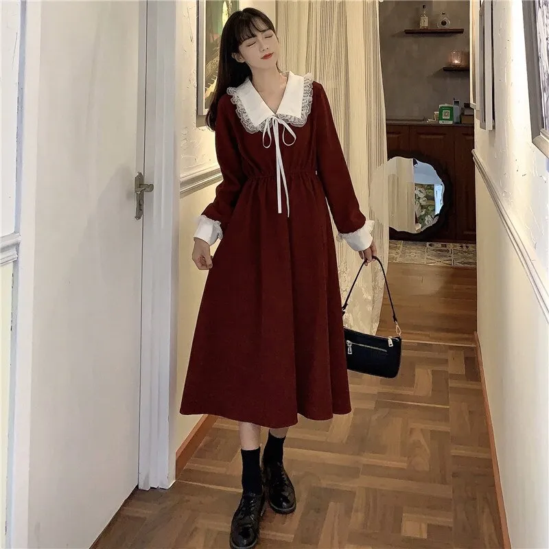 Vintage Dress Women Sweet Lace Peter Pan Collar French Elegant