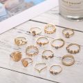 15 Pcs Gold Color Different Trendy Finger Ring Set For Women'S Fashion - Ring S. 