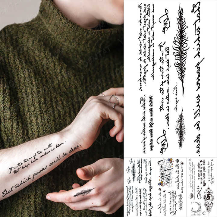 Handwriting Text Waterproof Temporary Tattoo Sticker English Arabic Letter Sanskrit Black Word Body Art Transfer Tatto Women Men