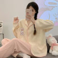 Pajamas Women's Cardigan V-Neck New Spring and Autumn Waffle Long Sleeve Ins Style Cute Ladies Kimono Loungewear Set. 