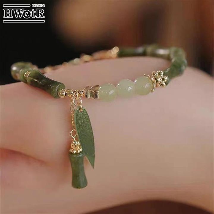 1Pcs Handmade Green Color Natural Stone Bamboo Joint Leaves Tassel Beads Strand Beaded Bracelet for Women Accessories