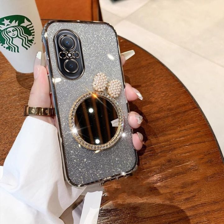 New Phone case Realme Note 60 Note 50 Back Cover with Bow Makeup Mirror Luxury Shiny Gradient Plating Glitter Girls Slim Phone cases Transparent Soft Silicone Protective Pouch