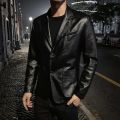 Spring New Black PU Suit Jacket Men's Fashion Slim Leather Jacket Business Casual Blazers Coat Red Blue Khaki.