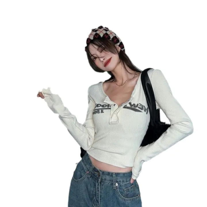 Sweet%20and%20Spicy%20T%20T-shirt%20Women's%20Half-Open%20Collar%20Button%20Short%20Navel%20Letter%20Print%20Slim%20Fit%20Fashion%20ins%20Hot%20Girl%20Long-Sleeved%20Shirt%20Autumn%20-%20Image%205