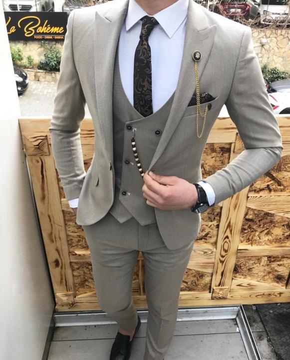 Elegant Suits For Men Wedding Slim Fit Piece Grey Casual Prom