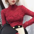 Spring and Summer Lace Long Sleeve Bottoming Shirt Women's Half High Collar Hollow Mesh Top.