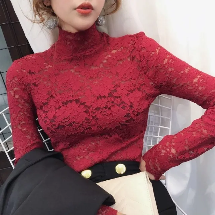 Spring%20and%20Summer%20Lace%20Long%20Sleeve%20Bottoming%20Shirt%20Women's%20Half%20High%20Collar%20Hollow%20Mesh%20Top%20-%20Image%206