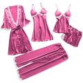 5pcs Silk Robe Set Women Lace Pajamas Gown Set V-Neck Nighties Wear Home Nightwear Pijama Sleepsuit Spring Nightdress. 