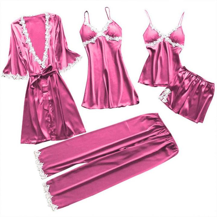 5pcs Silk Robe Set Women Lace Pajamas Gown Set V-Neck Nighties Wear Home Nightwear Pijama Sleepsuit Spring Nightdress