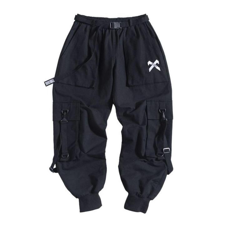 Techwear Ribbons Hop Tactical Cargo Pants Men's Casual Letter Embroidery Streetwear Dance Sport Pencil Pants Male Trousers