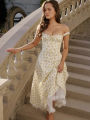 Townlike Waist Wrap Print A-line Midi Long Dress Women Spaghetti Strap 2024 Spring Summer Dress Backless Party Dresses.