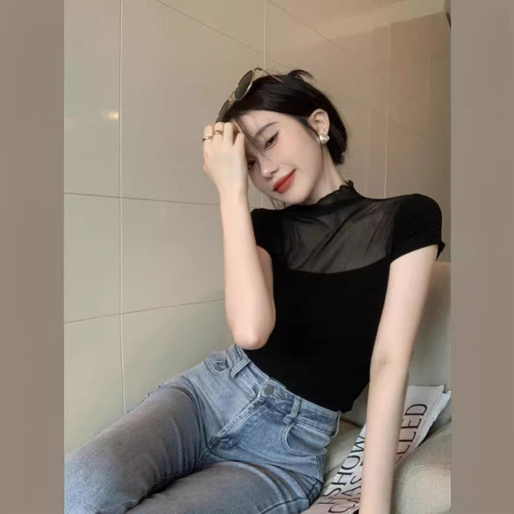 2023%20Black%20Mesh%20Micro-Transparent%20Lace%20Stitching%20T%20T-shirt%20Summer%20New%20Hot%20Girl%20Slim%20Fit%20Fashion%20Short%20Sleeve%20Top%20Women's%20Clothing%20-%20Image%202