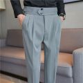 British Style Autumn New High Waist Trousers Men Belt Design Slim Fit Suit Pants Office Social Wedding Party Formal Pants Hommes.