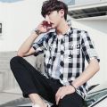 Summer SpringinsHong Kong Style Loose Couple Student Plaid Shirt Men's Korean Style Stylish Red Shirt Coat.