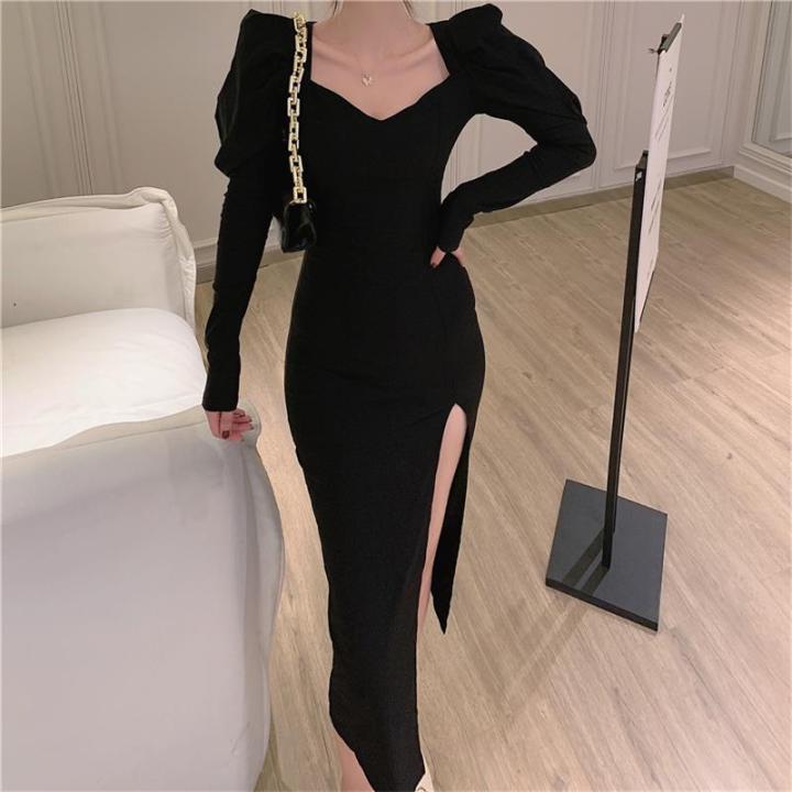 French Vintage Black Maxi Dress Women Autumn Elegant High-slit Long Sleeve  Dress Slim Square Collar Lady Casual Dresses Party