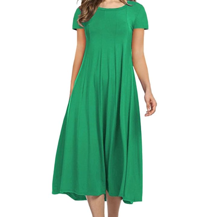 2022%20Four%20Seasons%20Women's%20New%20Round%20Neck%20Short%20Sleeve%20Solid%20Color%20Swing%20Dress%20Fashion%20Solid%20Color%20Dress%20-%20Image%206