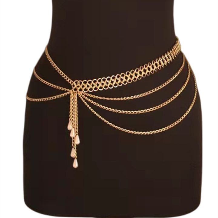 LuxHoney Fashion Gold Plated Multi-layer Curb Chain Belly Waist Chain for Women In Party with Water Drop Shape Pearl Charm