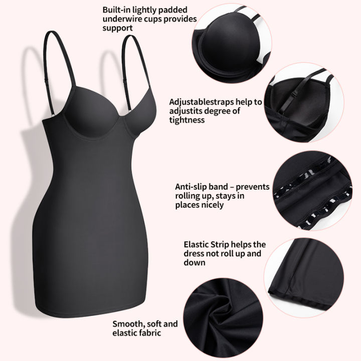 Women%20Full%20Slips%20Basic%20Under%20Dress%20Adjustable%20Straps%20Cami%20Seamless%20Smooth%20Tummy%20Control%20Body%20Shaper%20Built%20In%20Bra%20Deep%20V%20Bodycon%20-%20Image%203