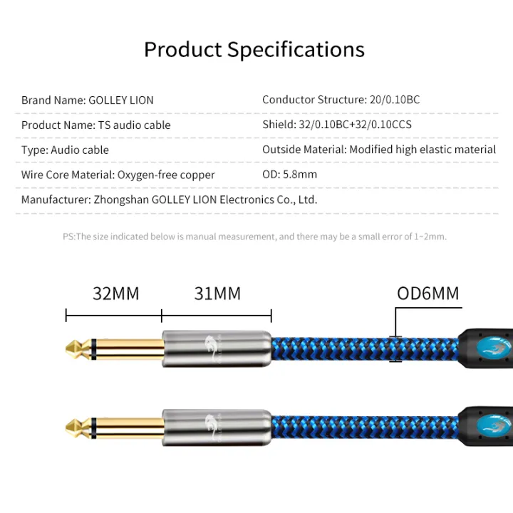 GOLLEY%20LION%20Guitar%20Cable%20New%20bee%20Electric%20Instrument%20Cable%20Bass%20AMP%20Cord%20for%20Electric%20Guitar,%20Bass%20Guitar,%20Electric%20Mandolin,%20Pro%20Audio%20-%20Image%205