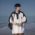 MIXGEORAContrast ColorpoloShirt Men's Summer Loose Half Zipper Short SleeveTShirt Versatile Casual Polo Collar T-shirt.