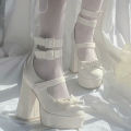 Lapolaka Women Bow Decor Chunky Heeled Pumps, Lolita Ankle Strap Pumps House Foocus. 