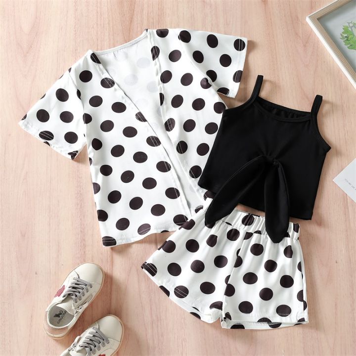 (New)%20girls%20shorts%20suit%20dot%20print%20short%20sleeve%20cardigan%20jacket%20sleepveless%20camisole%20high%20waist%20stretch%20breech%20-%20Image%202
