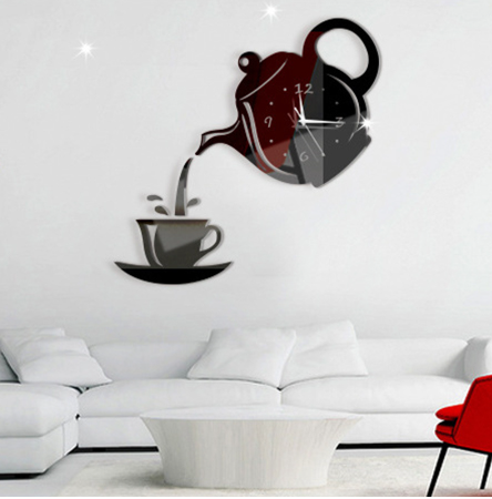 DIY Coffee Cup Teapot Self Adhesive Acrylic Mirror Clock Wall Stickers For Home Living Room Decor Wall Sticker Clock 1Set