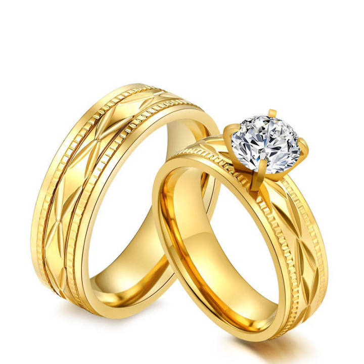 Waterproof Tarnish Free Couple Wedding Ring Jewelry 18K Real Gold Plated Stainless Steel Zircon Diamond Engagement Rings