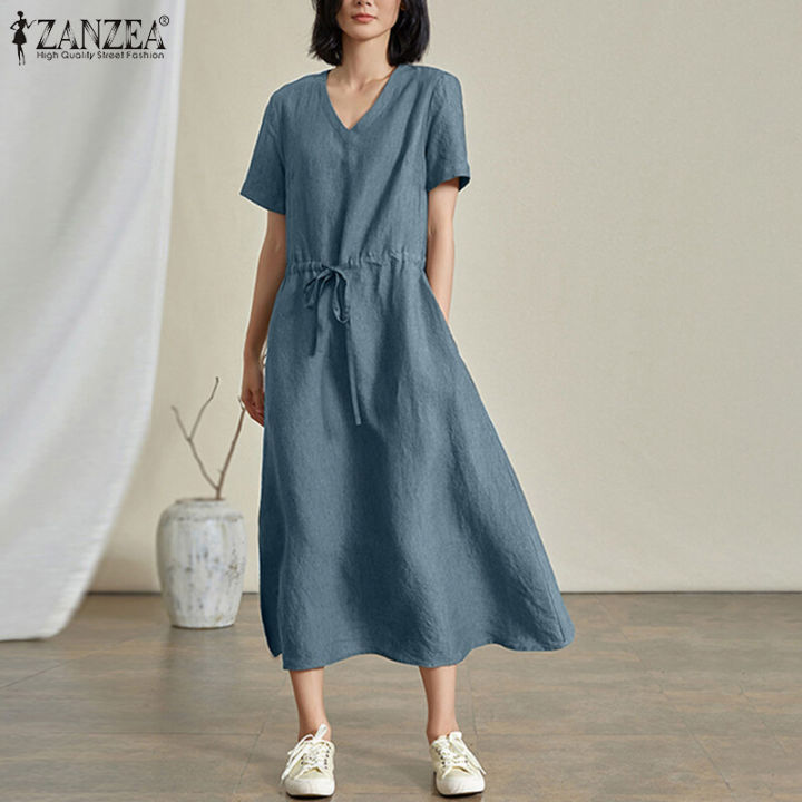 ZANZEA Korean Style Women Casual Short Sleeve Maxi Dress V Neck
