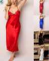 Ladies' Red Satin Long Night Slip – Silky Feel with Embroidered Lace Bust. 