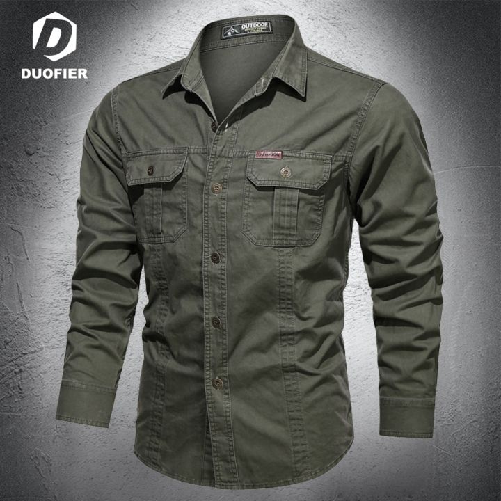 New Men's Casual Shirts Long Sleeve Pure Cotton Shirt Male Solid Oversize Military Cargo Shirts Brand Clothes Army Green Camisa