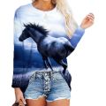 3D Digital Printing Long Sleeve Top Lady New Spring Summer Clothes O-Neck Horse Head Printed T-shirts Casual Loose Funny Tees.