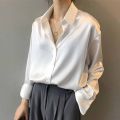 Silk Korean Office Ladies Elegant Shirt Blouse Women Fashion Button Up Satin Shirt Vintage White Long Sleeve Shirts Tops 11355. 