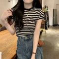 M61 Summer Clothing 2023 New French Style Sweet and Spicy Style Inner Bottoming Shirt Shoulder T Women's Striped T-shirt Shory Style Shirt.