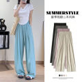 Ice Silk Wide-Leg Pants Women's Summer High Waist Draping Casual Japanese Cotton and Linen Lazy Yamamoto Pants Pleated Straight Pants. 
