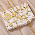 Gold Color Pendant Necklace for Women 316L Stainless Steel Jewelry Aesthetic Accessorie Wave Cross Goddess Necklace. 